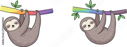 Cartoon sloths hanging upside down on rainbow tree branches, colorful and whimsical animal vector illustration for creative stock content use
