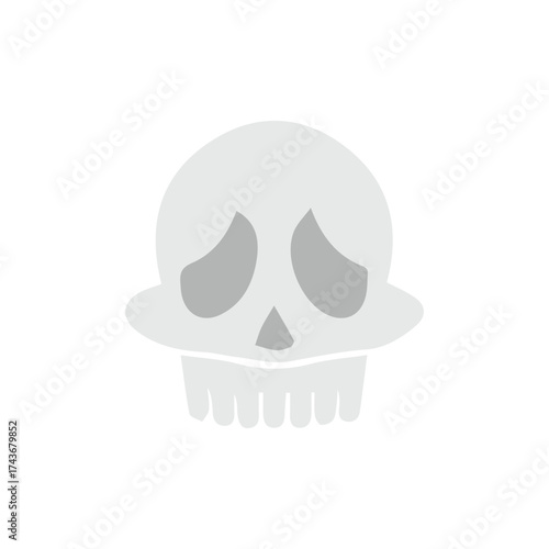 A cartoonish, sad, grey skull with empty eye sockets and a hollow nose cavity, presented against a plain white background