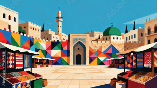 Illustration Of Ramallah's Main Square, Colorful Murals On The City Walls, Traditional Markets With Fabrics And Spices Vector Design Template
