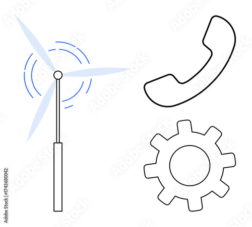 Wind turbine generating power, telephone handset, and gear symbolizing sustainable energy, technology, and connectivity. Ideal for engineering, telecommunication, environmental campaigns, innovation
