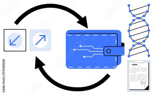 Digital wallet with tech circuitry, DNA helix, document, and circular arrows indicating blockchain process. Ideal for cryptocurrency, tech, science, finance, innovation research security simple