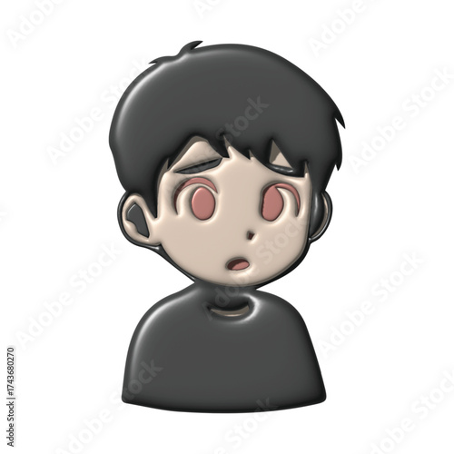 A three-dimensional anime-style boy with a lost and desolate expression, embodying feelings of hopelessness, anxiety, and mental fatigue