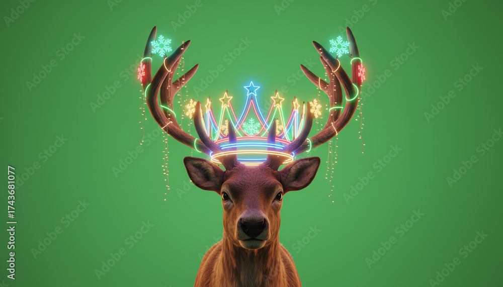 Fototapeta premium A festive deer adorned with a colorful crown of lights, set against a vibrant green background, representing celebration and joy.