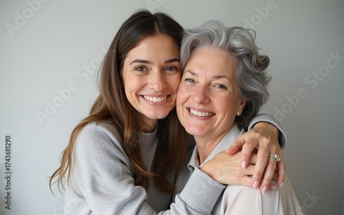 Beautiful smiling adult daughter and grey-haired senior mother portrait. Two woman different age hugging. High quality