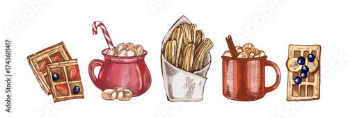 Hand drawn vintage sketch set of waffles, churros, and hot chocolate with marshmallows in pastel color