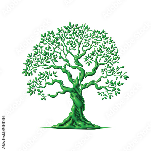 Vibrant green tree with twisted trunk and lush foliage, symbolizing growth and nature's beauty
