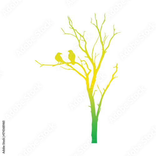 Harmonious gradient illustration of a bare tree with two serene birds perched on a branch, blending yellow and green hues to evoke natural tranquility and quiet companionship