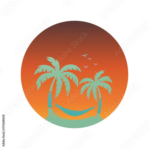 A serene tropical beach scene with two palm trees and a hammock against a warm sunset sky, evoking feelings of relaxation and vacation