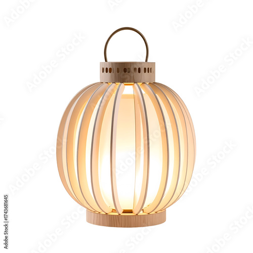 Elegant wooden sphere lamp with warm light on transparent background