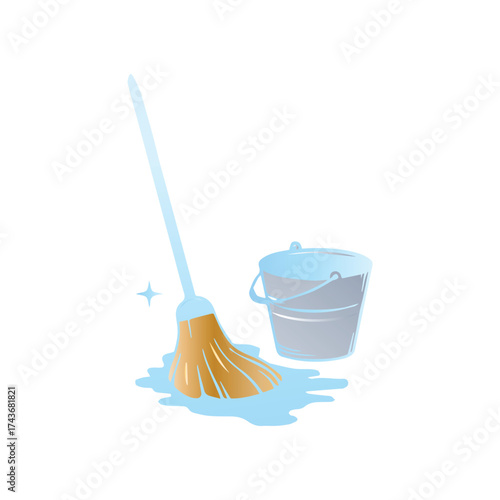Illustration of a Mop and Bucket Cleaning a Spill