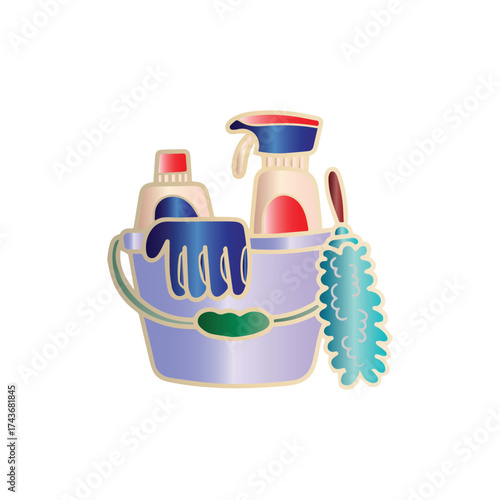 An illustration of a cleaning caddy with essential household sanitation supplies, including a spray bottle, duster, and gloves for domestic chores