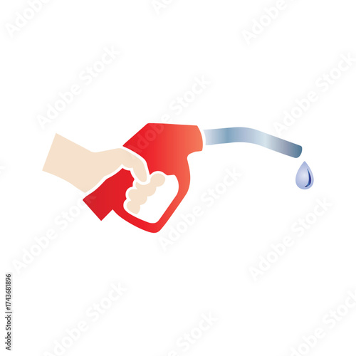 Illustration of a gas pump nozzle held by a hand with a drop of fuel