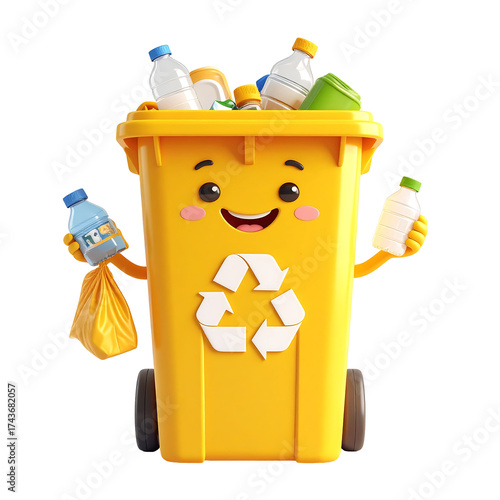 Cheerful cartoon recycle bin holding bottles and bag on transparent background