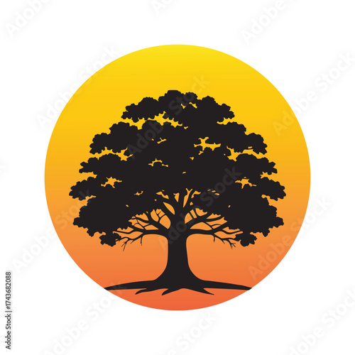 Iconic silhouette of a majestic deciduous tree set against a vibrant, warm sun or moon, symbolizing growth, life, and nature's enduring beauty