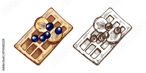 Hand drawn vintage sketch of waffle with banana slices and blueberries in color and monochrome version