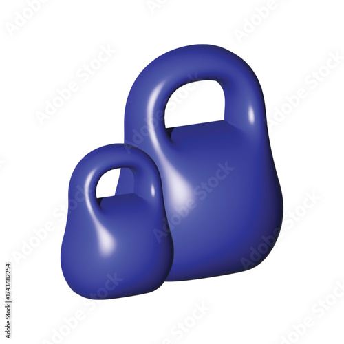 Isolated 3D render of two blue kettlebells for fitness, weightlifting, and strength training on a white background
