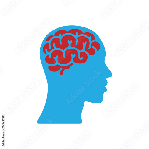 Stylized blue human head profile with a prominent red brain, representing the power of the mind, mental health, learning, and neurological insights for science and education themes