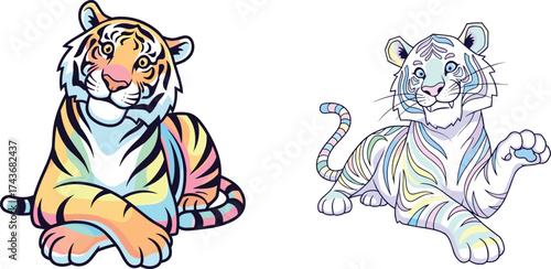 Cartoon tigers with warm and cool pastel colors, colorful animal vector illustration, playful wildlife character design for children stock art
