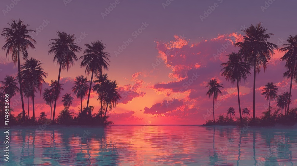 Obraz premium Tropical sunset scene featuring pastel palms and serene water nature-inspired fashion background ai art tranquil environment captured in a dreamy viewpoint