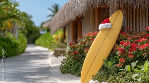 Tropical Christmas beach setting with a surfboard wearing a Santa hat by a thatched hut
