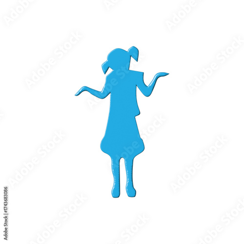 A blue silhouette of a young girl in a dress with her arms outstretched and hands open, standing against a white background, conveying a sense of wonder or questioning