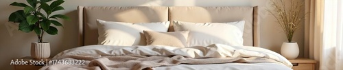 Serene Bedroom Plush Headboard, Soft Pillows, Calming Neutrals. Ideal for Relaxation, Sleep, and Wellness Content. Perfect for Websites, Blogs, and Magazines.