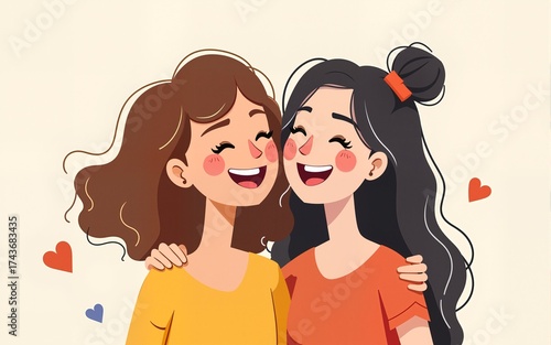 Two girls friends laughing and hugging. Hand drawn style vector design illustrations. High quality