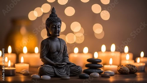 Serene buddha statue with lit candles against bokeh lights background