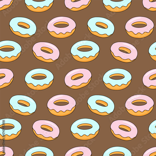 Glazed donuts, seamless pattern, vector illustration. Sweet dessert, bakery. Doodle style.