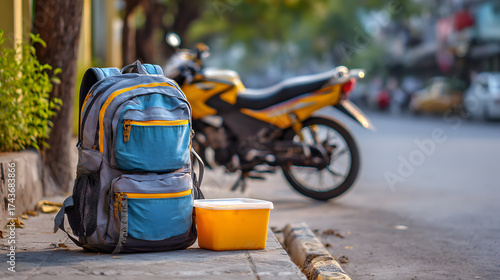 A backpack and food container beside a parked motorbike on a busy street, symbolizing gig work struggles but also the hopeful opportunity of remote work to restore balance and free time in modern life