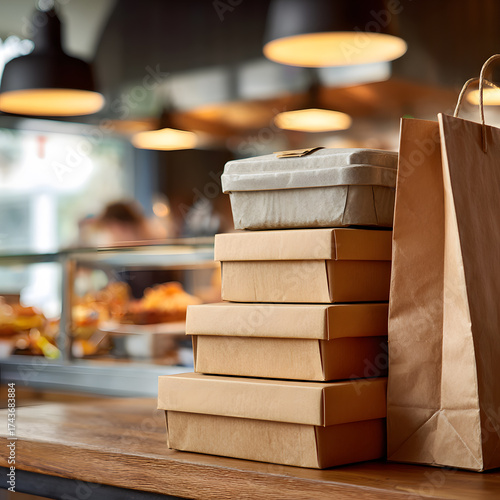 Stack of takeaway food boxes and paper bag symbolizing gig platform workers, food delivery economy, and the fast-growing app-based job market.