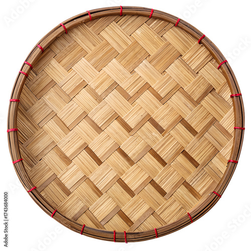 A diagonal basketweave pattern in natural, light brown bamboo. A thin, darker bamboo rim encircles the edge, which is secured at various points with bright pink or red ties (likely plastic or string).