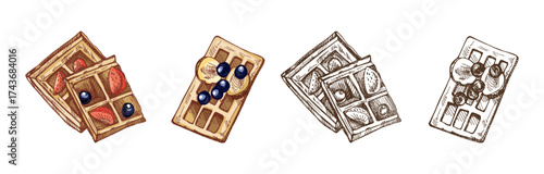 Hand drawn vintage sketch of waffles with berries and banana slices in color and monochrome version