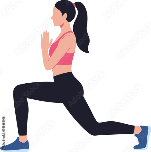 Cartoon woman performing lunge exercise in athletic outfit, fitness illustration for workout posture, health education, and training content design