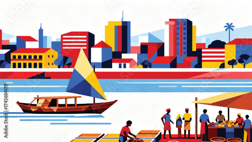 Illustration Of Bangui, Ubangi River, Traditional Wooden Boats With Small Town And Busy Market Vector Design Template