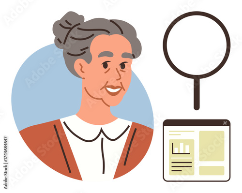Smiling elderly woman, magnifying glass, digital graph screen. Ideal for analysis, research, education, statistics, aging expertise mentorship. Simple flat metaphor for wisdom and investigation
