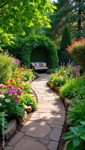 Winding Garden Path with Colorful Flowers and Stone Borders Leading to Tranquil Seating Area Landscaping, Gardening, and Home Decor Inspiration