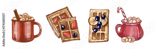 Hand drawn vintage sketch of hot chocolate and waffles with berries in color and monochrome version