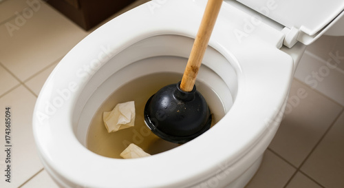 Overflowing toilet with plunger, showing cleaning challenge in bathroom, sanitation problem to be fixed. Overflowing toilet creates unpleasantness, hygiene concern, and requires immediate attention.