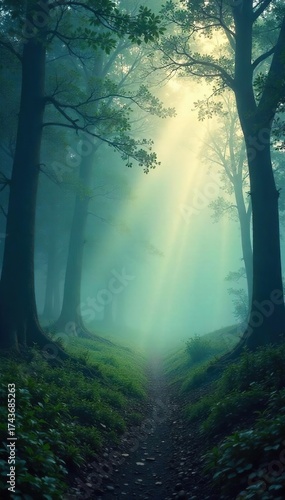 Ethereal Misty Landscape Soft Light Bathes Mystical Scene, Perfect for Fantasy, Fairytale, and Atmospheric Backgrounds in Websites, Book Covers, and Digital Art