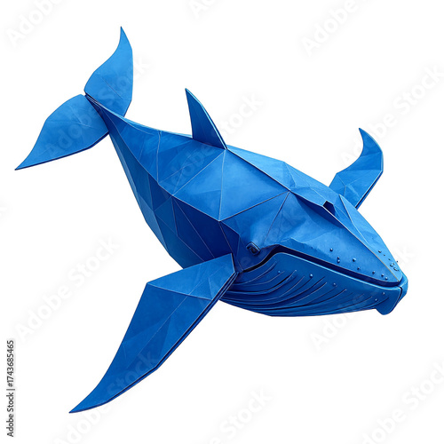 Geometric blue paper whale illustration art on transparent background