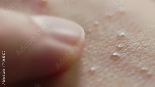 Closeup of a persons finger gently touching skin covered in small raised bumps possibly indicating a skin condition allergic reaction or insect bites highlighting the texture and appearance of the af.
