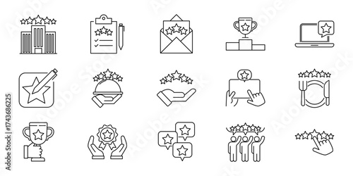 Vector set of customer review and rating icons in outline style showing stars trophy award feedback clipboard laptop hand holding star people with stars envelope and certificate suitable for business