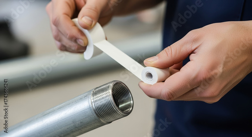 Person wrapping thread seal tape around pipe to ensure tight connections, thread seal tape secures fittings and joints, prevents leaks.