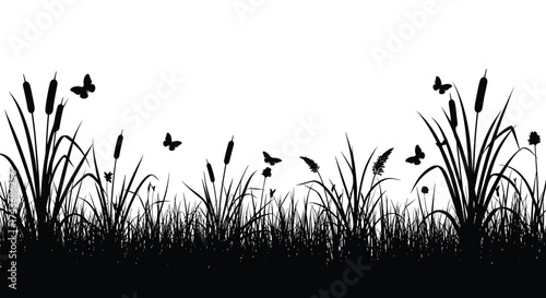 A serene meadow scene with tall grass cattails and butterflies fluttering in the gentle breeze.