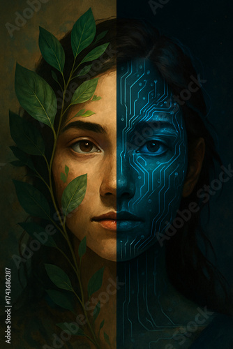 Conceptual portrait of a woman blending nature and technology with leaves and digital circuit patterns
