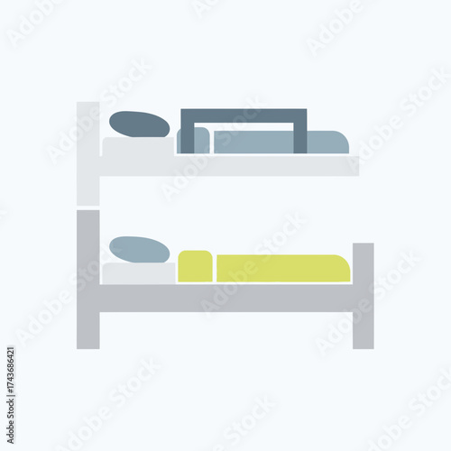 Two beds stacked vertically with bedding and pillows.