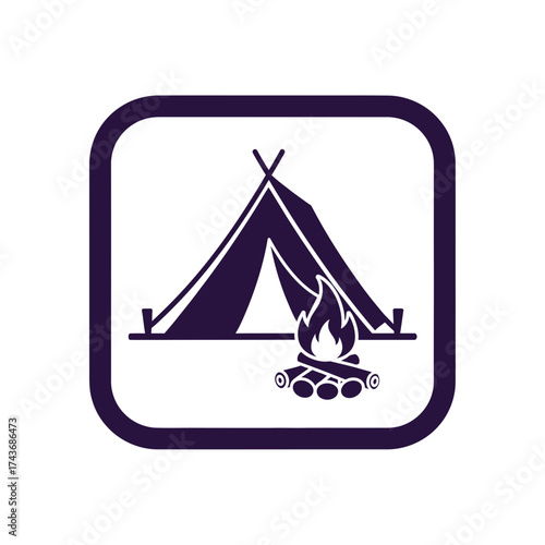 Tent and campfire icon for outdoor camping and adventure.