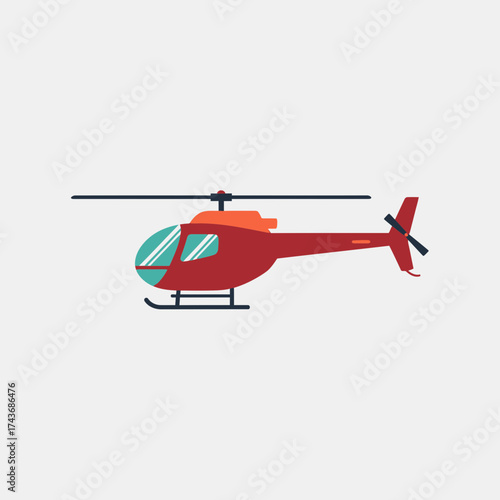 Red helicopter with rotor blades and tail rotor isolated on white.