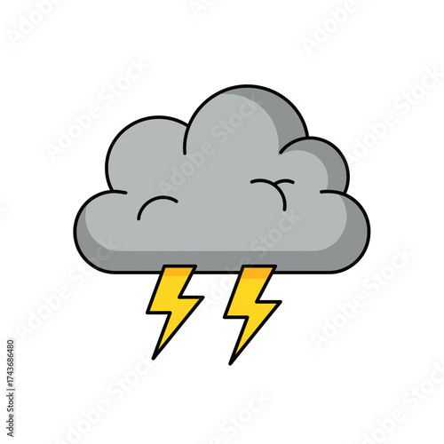 Storm cloud with lightning bolts on white background.